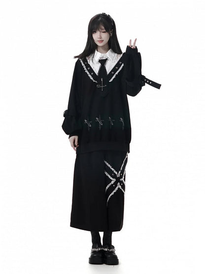 Shoulder Cutouts Collar Faux and Lace Sweatshirt Two-pieces White Black Dollcore Sweet-Grunge with |