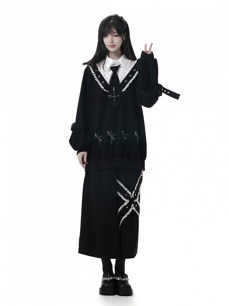 Details with Wide-Leg Ankle Pants Criss-Cross Black Stud White Lace Length and