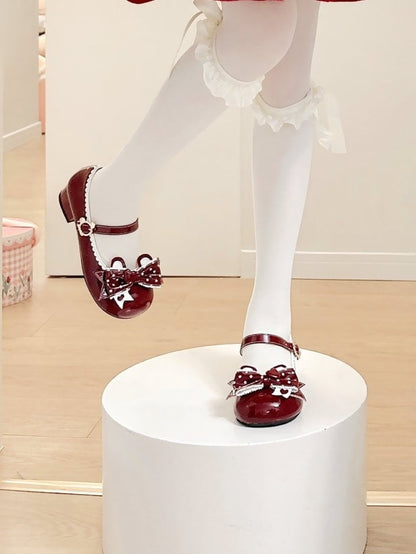 Buckle Red - Mary Low Lolita Polka-dot with Janes Sweet Ear PU Bear Bow Heel Teddy