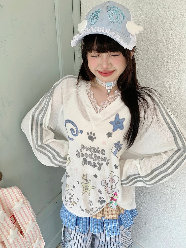 Sleeve White Cartoon Lace Long with Top Print V-neck Trim