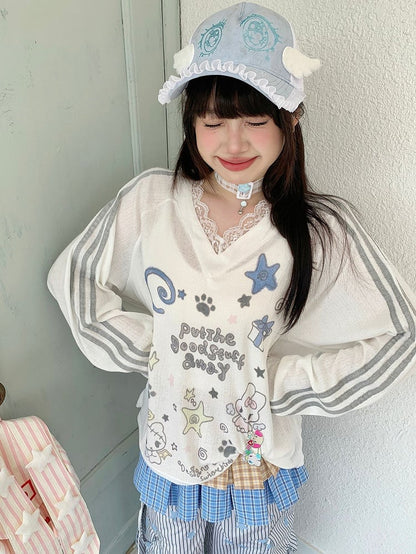 Sleeve White Cartoon Lace Long with Top Print V-neck Trim