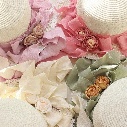 Lace Trim Floral Straw Hat