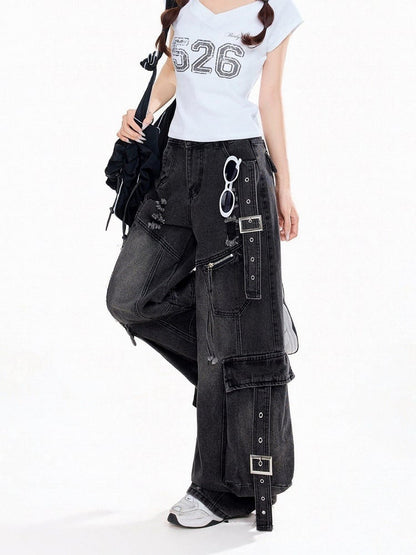Washed Black Distressed Cargo Jeans with Metal Buckle - Rayohopp