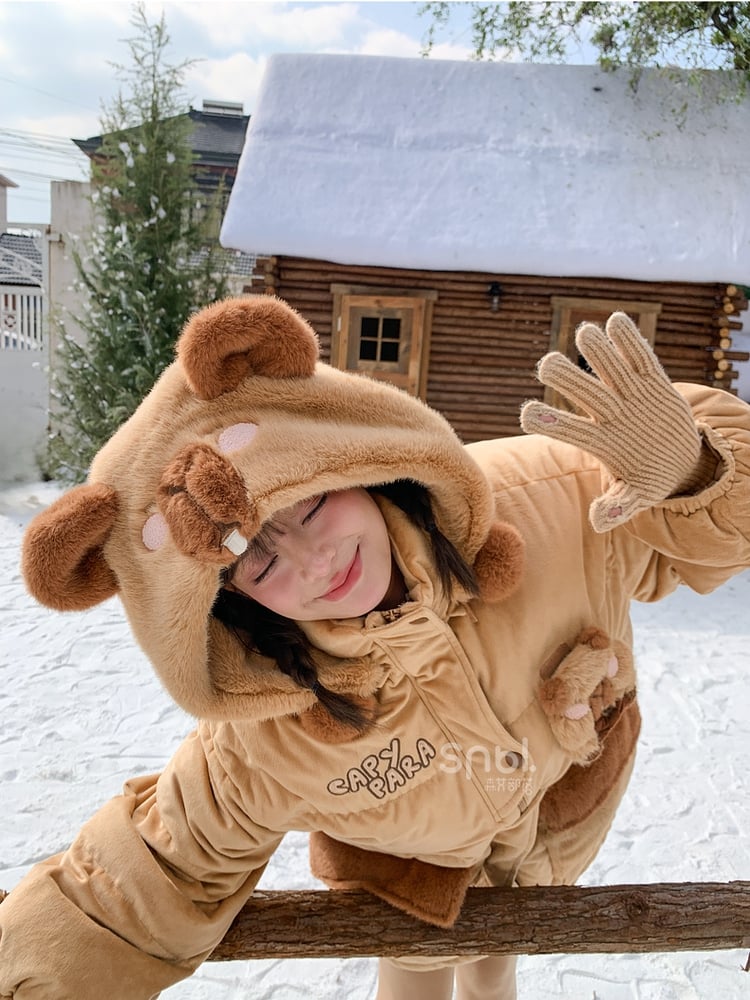 Khaki Cute Capybara Adorned Hooded Down Jacket Detachable Hood