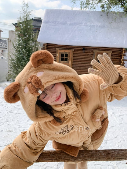 Khaki Cute Capybara Adorned Hooded Down Jacket Detachable Hood