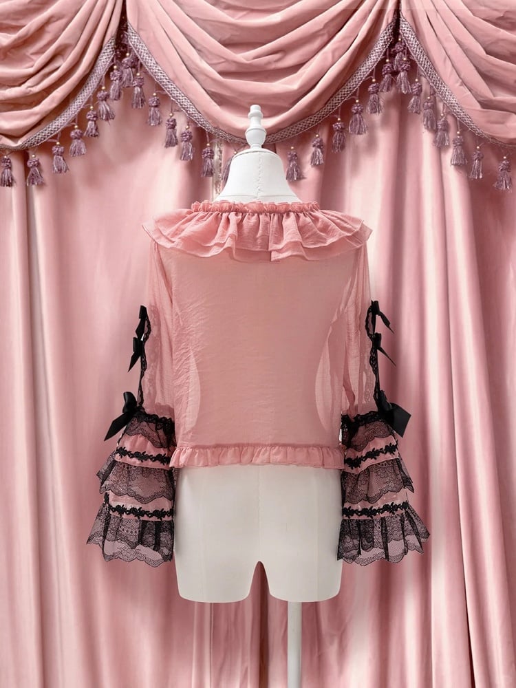 Accents Lolita Bow Blouse Pink Sleeves Black with Lace and Bell