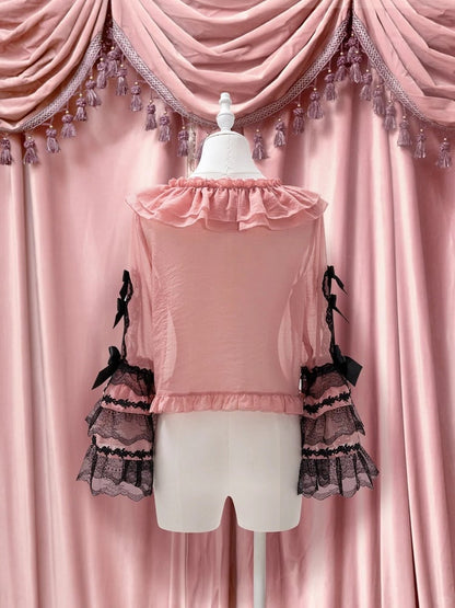Accents Lolita Bow Blouse Pink Sleeves Black with Lace and Bell