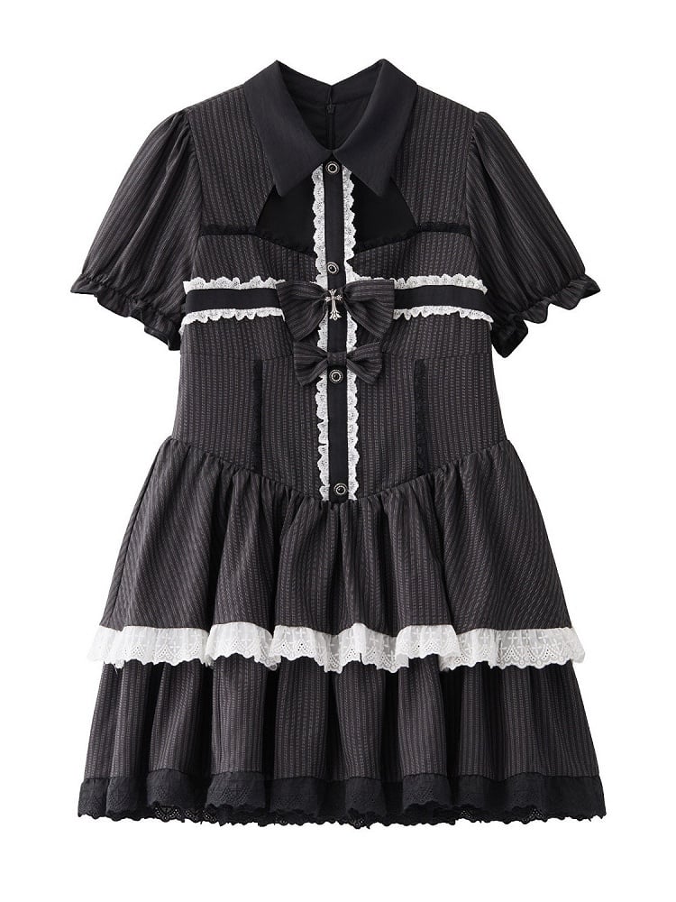 Plus Size Gothic Bow Detail Short Sleeve Dress with Stripes Lace - Hard Candy