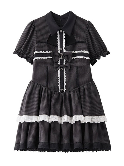 Plus Size Gothic Bow Detail Short Sleeve Dress with Stripes Lace - Hard Candy