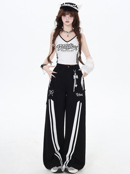 ブラックハイウエストホワイトストライプストレートレッグカットパンツ