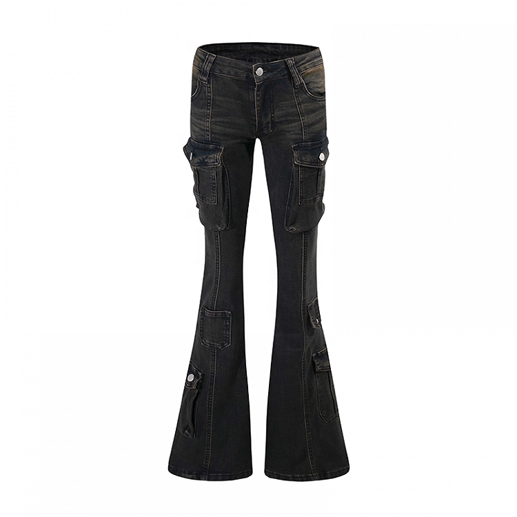 Pockets Flared Jeans Rise Cargo Black Low