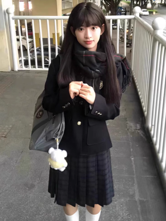 Blazer Button Preppy JK Manschetten verziert blau Stil Abzeichen Uniform dunkles Design