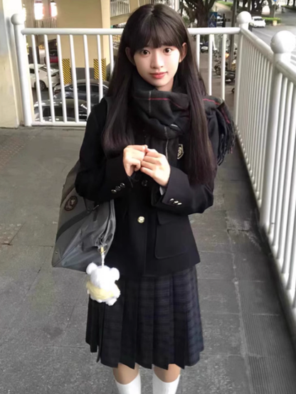 Style Cuffs Decorated Design Preppy JK Uniform Badge Button Dark Blazer Blue