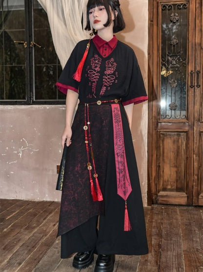Chinese Print Gothic Black Drawstring Cuffs Talisman Red Pants Sash Wide-leg And With
