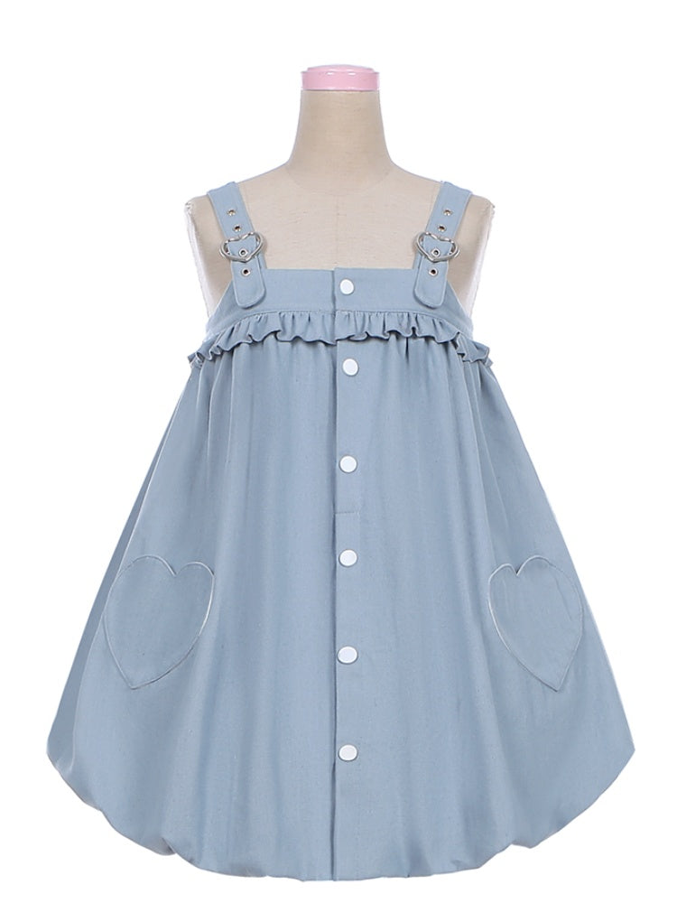 Blue Heart Buckle and Pocket Bunny Tail Detail  Bubble Skirt Overalls