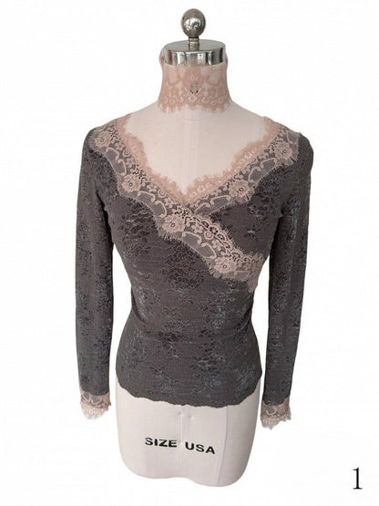 Lace Long Pink Trim Sleeve Top Gray Crossover