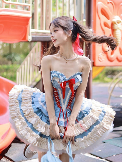 Blue Corset Lace-up + Skirt Set Bolero Top Boned Puffy Full