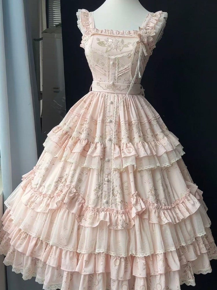 Floral Pink/Green Ruffled Tiered Skirt Lolita JSK Gown with Jasmine Embroidery - ZHIJINYUAN