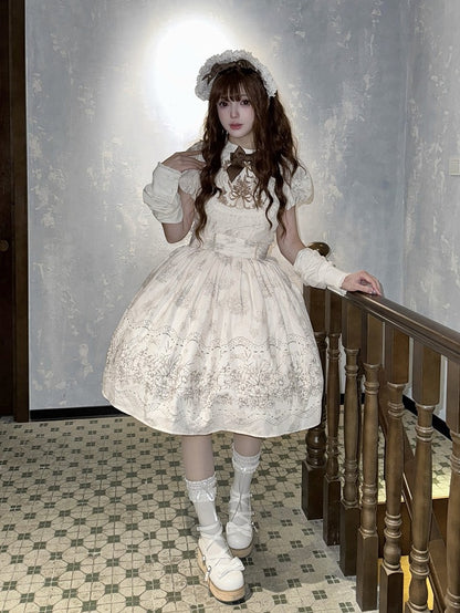 White and Piece Bodice Short Bowknot One Floral Embroidery Classic Version Lolita
