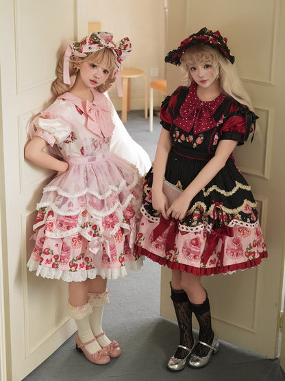 ストロベリープリントの黒と赤のスイートピーターパンカラーロリータワンピースフルセット