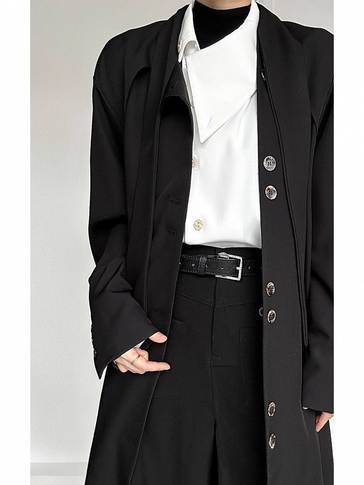 Neck Trench Long Vintage Black Button with Tie Coat Ouji Lolita Placket