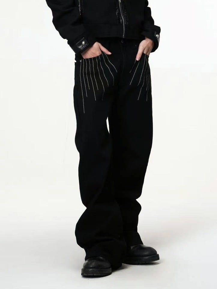 Black Curved Leg Pants with 3D Line Embroidery - DETW OnLine