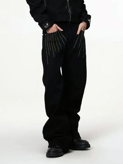 Black Curved Leg Pants with 3D Line Embroidery - DETW OnLine