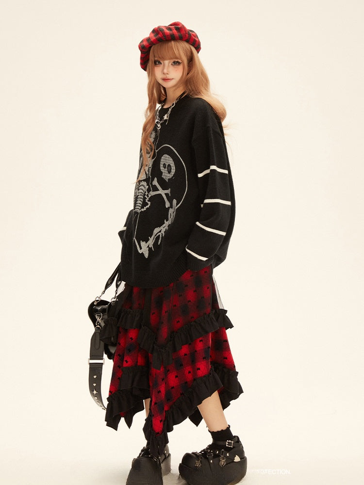 Y2K Red Plaid Pattern Asymmetrical Ruffled Hem Skirt