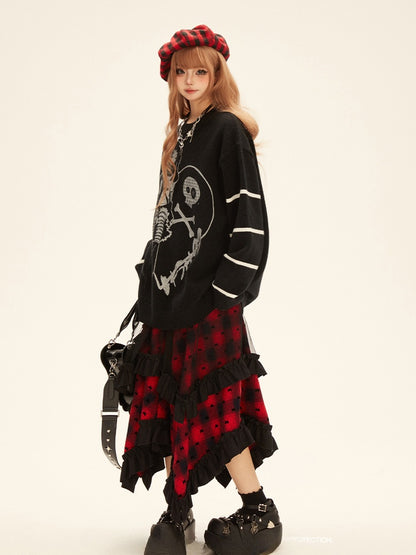 Y2K Red Plaid Pattern Asymmetrical Ruffled Hem Skirt