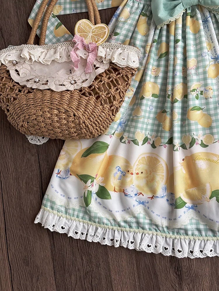 Chick Lolita Waist High Print Green Gingham and Lemon Dress Sweet