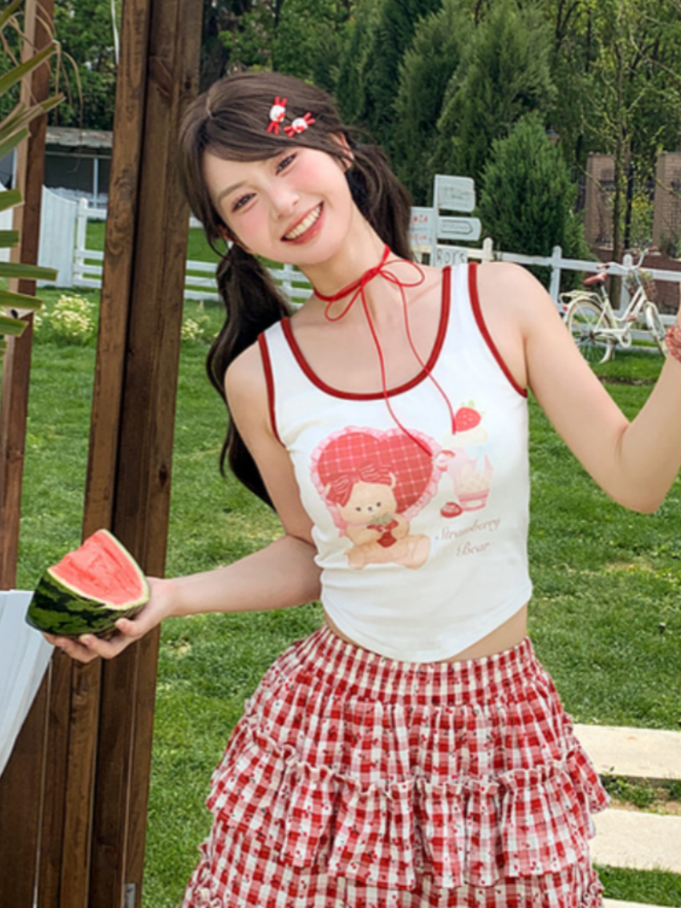 Bear Sweet White Adorable Trim Tank Top Contrast Red Print
