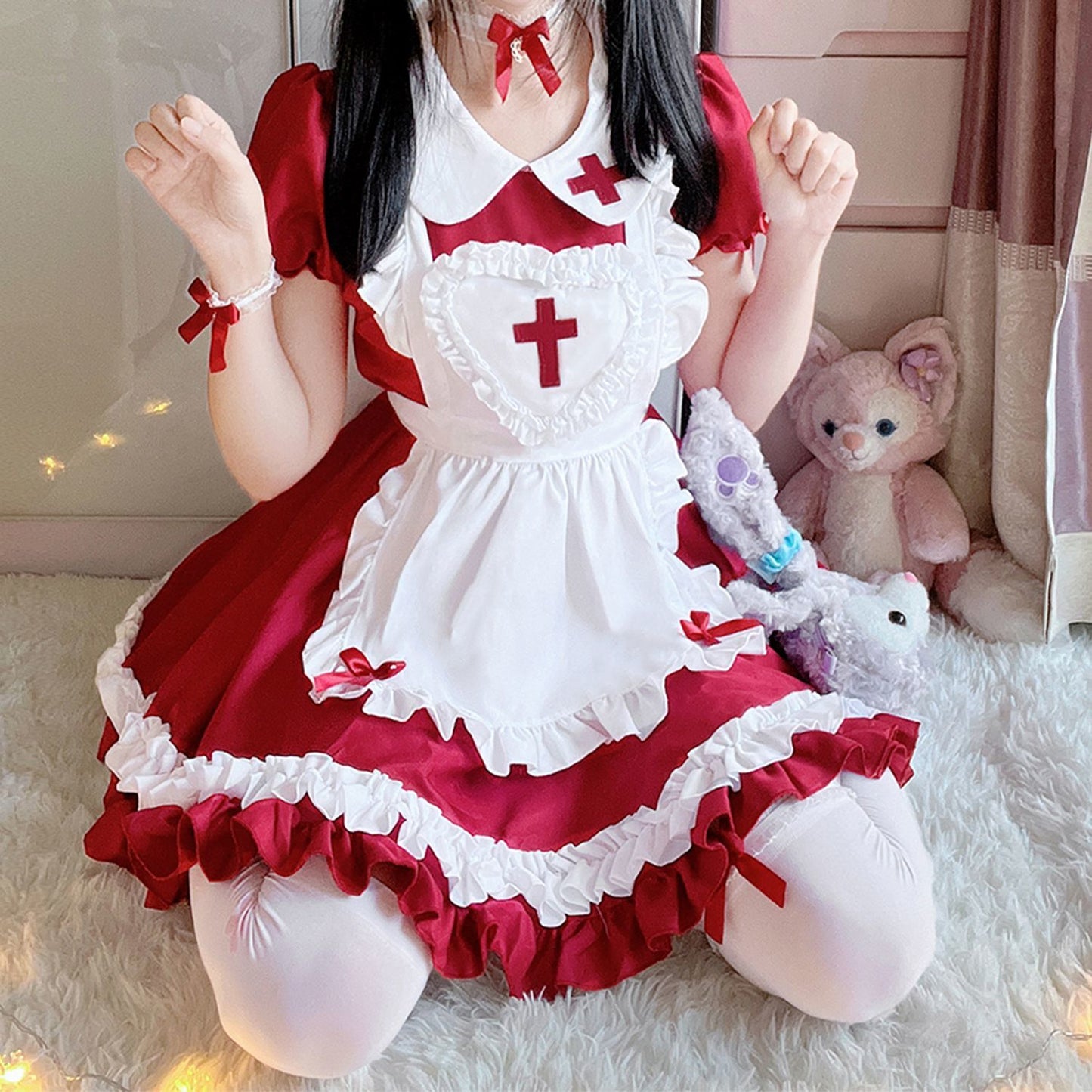 Victorian Maid Nurse Lolita Costume Set Heart Apron Plus Size