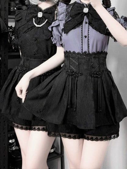 Jirai-Kei Black Jacquard High-Rise Skirt with Attached Shorts - Angel Share