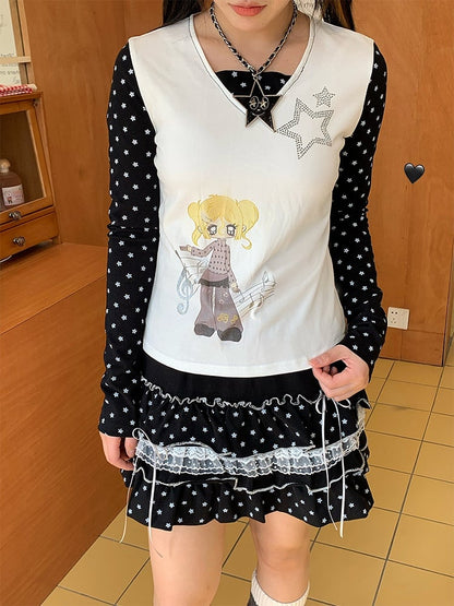 Black Star All-Over with Bow Skirt Lace Print and Tiered Trim