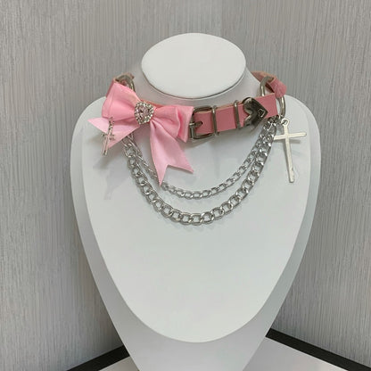 Black Bowknot Rhinestone Cross Buckle Choker with Double Layered Chain