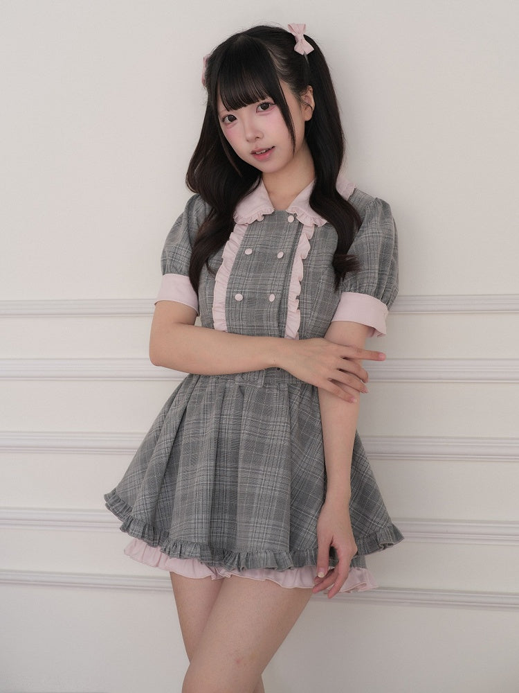 Gray Plaid Dress with Belt and Shorts Set - No Genki