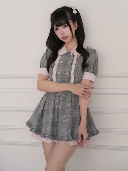 Gray Plaid Dress with Belt and Shorts Set - No Genki