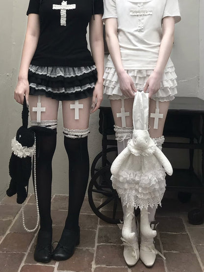 Trim Black/White Gothic Mini Tiered Lace Skort with
