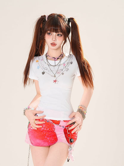 Print Pink Low Waist Sweet Strawberry Mini Bodycon Skirt