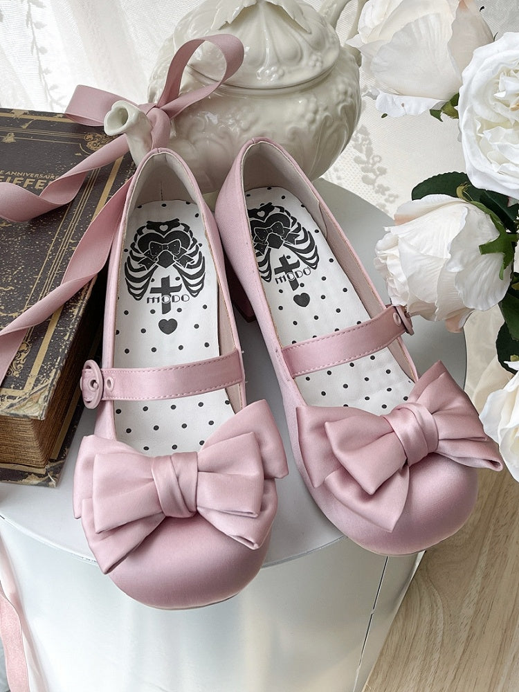 Pink Mary Toe Janes Top Balletcore Satin - Bow Round at Lace-up Ankle
