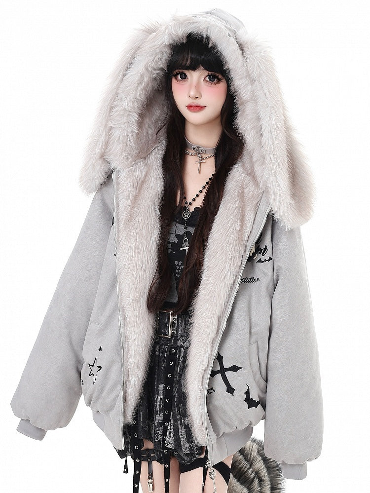 Ear Black/Gray Bunny Fleece - Bittersweet Jacket Hooded Hood