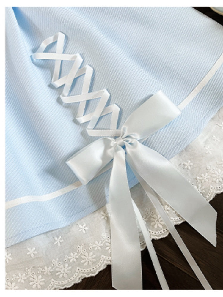 イリュージョンスカートショルダーブルークロスオープンホワイトデザイントップ+ネックラインケイセットジライ