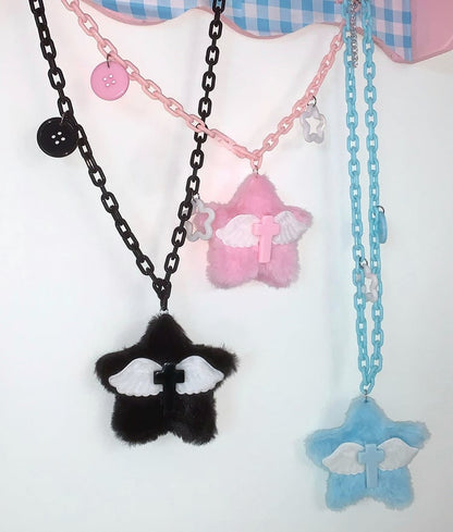 Schwarz/Rosa/Blau Plüsch Stern Flügel Kreuz Anhänger Halskette