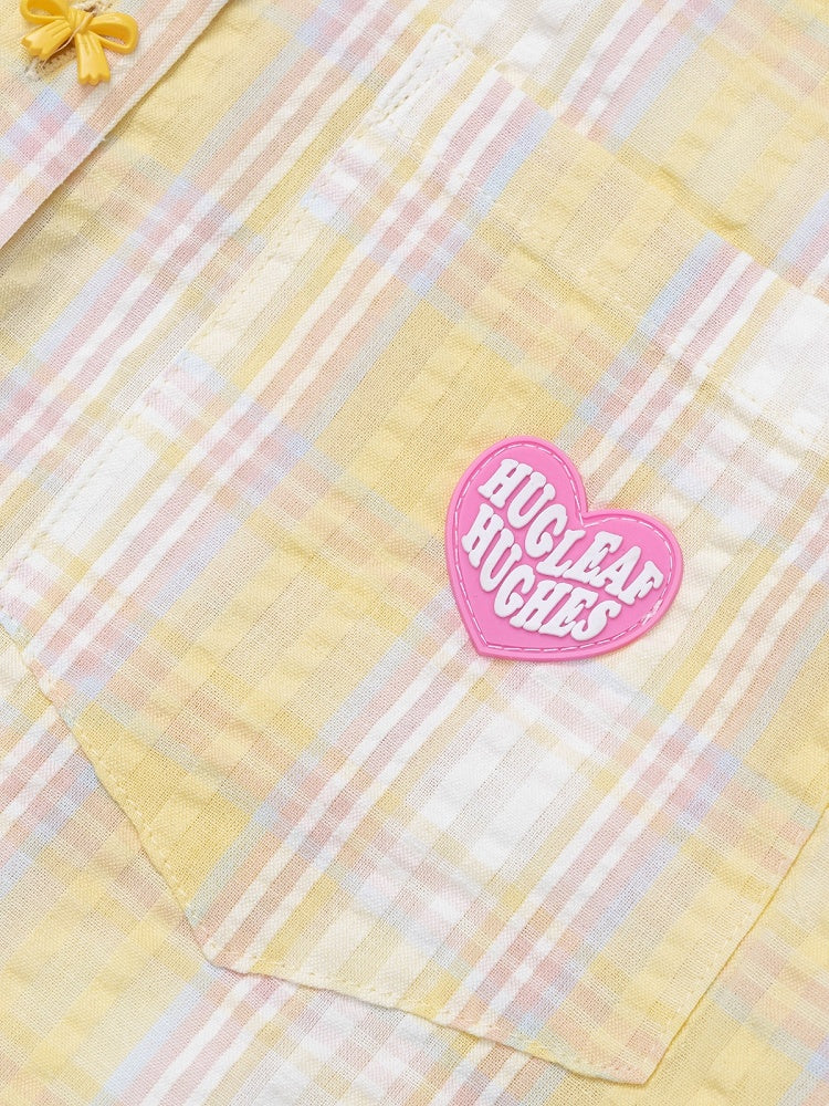 Golden Tartan Short-Sleeve Blouse with Pup Hem and Ribbon Closures - Languid Park