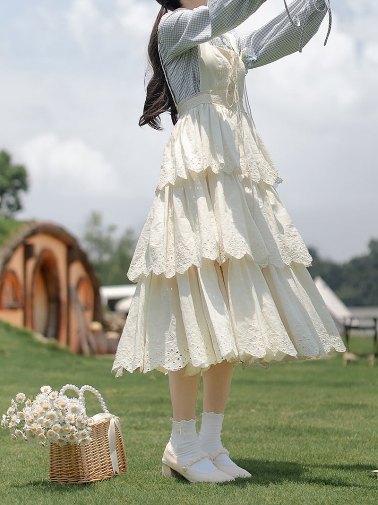 Lace-up White Cottagecore High Waist Overall Dress Tiered Skirt
