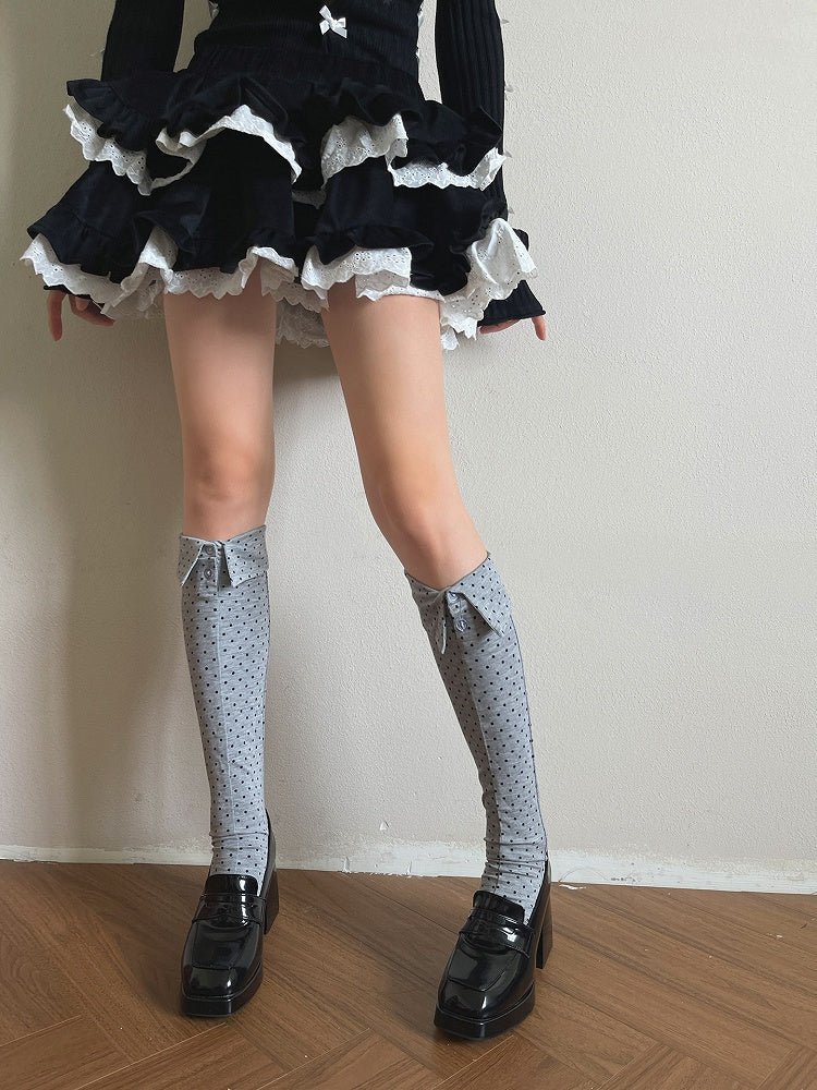 Design Calf Button Turn-Down Dot Collar Pattern Sockswith Polka White/Black/Gray