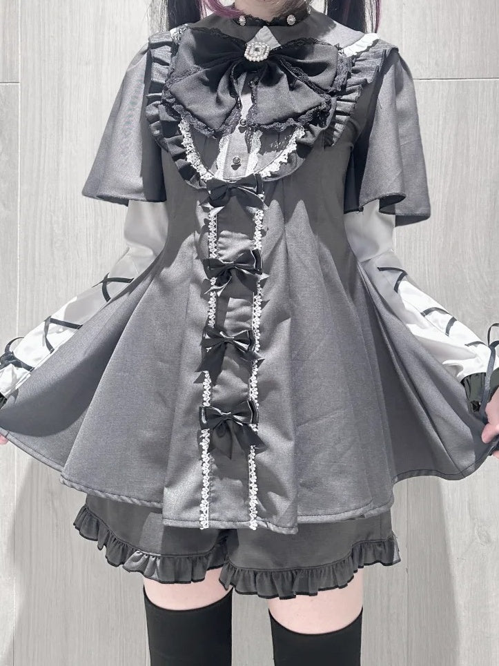 Detachable Dress + Sleeves Gray Tie Set Short-Sleeve Shorts Kei Matching Dark Jirai Full Bow