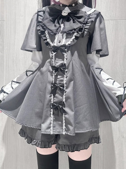 Detachable Dress + Sleeves Gray Tie Set Short-Sleeve Shorts Kei Matching Dark Jirai Full Bow
