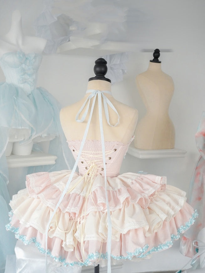 Mint Green Waist Pink Basque and Bowknots and Pompons Sweet Balletcore Puffy Lace-up Dress Decoration