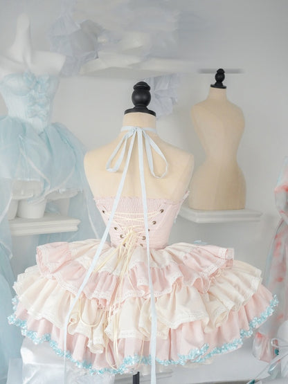 Mint Green Waist Pink Basque and Bowknots and Pompons Sweet Balletcore Puffy Lace-up Dress Decoration